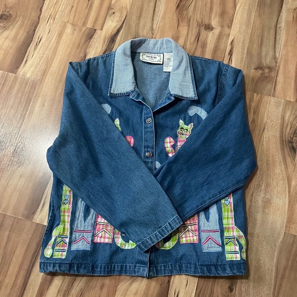 Vtg Tantrums Patchwork Cats Denim Lightweight Shi… - image 2